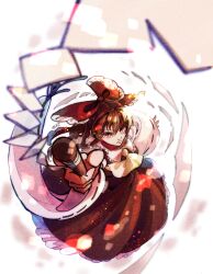  1girl ascot bow brown_hair detached_sleeves don_(gsft3523) frilled_skirt frills gohei hair_bow hair_tubes hakurei_reimu highres holding holding_gohei looking_at_viewer nontraditional_miko red_bow red_eyes skirt solo touhou wide_sleeves 