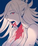  1girl artist_name bare_shoulders blood blood_from_mouth blood_on_chest blood_on_face breasts cleavage earrings fangs half_updo jewelry koyorin large_breasts long_hair looking_at_viewer looking_to_the_side monochrome open_mouth original pointy_ears red_eyes tank_top vampire 