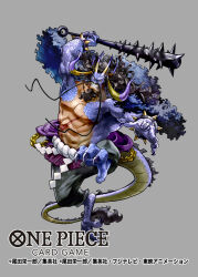  1boy abs alternate_form beard black_hair black_pants bracelet cape clenched_teeth club_(weapon) commentary_request copyright_name facial_hair full_body fur_cape greyscale holding holding_weapon horns jewelry kaidou_(one_piece) kanabou long_hair long_mustache looking_at_viewer male_focus monochrome mustache nansui_kinoko official_art one_piece one_piece_card_game pants rope scar scar_on_chest shimenawa simple_background solo spiked_bracelet spikes tail teeth weapon 