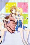  2girls :o absurdres alice_schuberg asuna_(sao) bare_legs between_legs blonde_hair blue_dress blue_ribbon blush body_blush bracelet braided_ponytail breasts brown_eyes collarbone collared_dress dress eyes_visible_through_hair hair_between_eyes hair_ribbon hairband hand_between_legs hand_on_floor high_heels highres indoors jewelry large_breasts light_blue_eyes light_brown_hair locked_arms long_hair looking_at_another magazine_scan medium_breasts megami multiple_girls nail navy_blue_footwear necklace official_art open_hand pink_dress ribbed_dress ribbon sandals scan short_dress short_sleeves sitting smile sword_art_online sword_art_online_alicization toenails toes tongue white_dress white_footwear white_hairband yokota_takumi 
