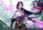  1girl 55level arm_guards bodysuit bow_(weapon) breasts covered_navel fate/grand_order fate_(series) fingerless_gloves gloves holding holding_sword holding_weapon large_breasts long_hair looking_at_viewer low-tied_long_hair minamoto_no_raikou_(fate/grand_order) purple_bodysuit purple_hair solo sword very_long_hair violet_eyes weapon 