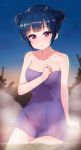  1girl alternate_hairstyle bangs bare_shoulders blue_hair chromatic_aberration clenched_hand collarbone double_bun eyebrows_visible_through_hair hair_up hand_on_own_chest highres looking_at_viewer love_live! love_live!_sunshine!! naked_towel night onsen outdoors parted_lips sellel sitting soaking_feet solo towel tsushima_yoshiko violet_eyes wet 