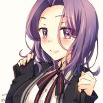  1girl artist_name blush closed_mouth dated eyebrows_visible_through_hair highres kantai_collection kotobuki_(momoko_factory) long_sleeves looking_at_viewer mole mole_under_eye purple_hair short_hair simple_background sleeves_past_wrists smile solo tatsuta_(kantai_collection) twitter_username upper_body violet_eyes white_background 