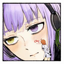  2girls ahoge arms_behind_back black_gloves black_hairband blush border dress fate/grand_order fate_(series) fujimaru_ritsuka_(female) fujimaru_ritsuka_(female)_(decisive_battle_chaldea_uniform) gloves green_ribbon hairband heart heterochromia kashiran kingprotea_(fate) kiss kissing_cheek leaning_forward medium_hair multiple_girls o-ring orange_hair purple_hair ribbon size_difference violet_eyes white_border white_dress yellow_eyes yuri 