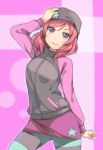  1girl black_hat blush deyuuku hand_on_headwear hat jacket leggings long_sleeves looking_at_viewer love_live! love_live!_school_idol_project medium_hair miniskirt nishikino_maki pink_background purple_skirt raglan_sleeves redhead skirt smile solo star striped striped_legwear violet_eyes 