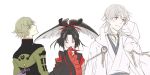  3boys ^_^ black_hair closed_eyes closed_eyes eyes_visible_through_hair feathers green_eyes green_hair hair_feathers hair_over_one_eye hood japanese_clothes kogarasumaru_(touken_ranbu) male_focus multiple_boys pom_pom_(clothes) ponytail smile touken_ranbu tsurumaru_kuninaga uguisumaru white_hair yamazaki_mitsuko yellow_eyes 