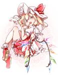  1girl :d asymmetrical_wings back_cutout bangs blonde_hair blush eyebrows_visible_through_hair eyes_visible_through_hair fang finger_to_mouth flandre_scarlet full_body gokuu_(acoloredpencil) hair_between_eyes hat hat_ribbon long_hair looking_at_viewer miniskirt open_mouth puffy_short_sleeves puffy_sleeves red_eyes red_footwear red_ribbon red_skirt ribbon shoes short_sleeves side_ponytail skirt smile socks solo touhou white_hat white_legwear wings 