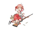  1girl bangs bruise burnt_clothes carcano girls_frontline green_eyes gun hair_ribbon injury m1891_(girls_frontline) nishihara_isao official_art pink_hair pout ribbon rifle shirt torn_clothes torn_shirt twintails weapon 