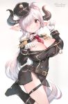  1girl belt boots breasts cleavage_cutout draph epaulettes granblue_fantasy hair_over_one_eye hat highres horns large_breasts lavender_hair looking_at_viewer military military_uniform narmaya_(granblue_fantasy) narumeia_(granblue_fantasy) necktie oyu_(sijimisizimi) paw_pose peaked_cap pointy_ears red_eyes uniform 