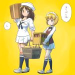  2girls bangs bartender black_eyes black_hair black_neckwear blonde_hair blouse blunt_bangs bow bowtie box brown_vest cardboard_box carrying closed_mouth commentary_request cutlass_(girls_und_panzer) dixie_cup_hat dress_shirt eyebrows_visible_through_hair girls_und_panzer handkerchief hat light_frown loafers long_hair long_sleeves looking_at_another maid_headdress military_hat miniskirt multiple_girls murakami_(girls_und_panzer) navy_blue_legwear navy_blue_neckwear neckerchief ooarai_naval_school_uniform open_mouth pleated_skirt print_legwear sailor sailor_collar school_uniform shirai_keita shirt shoes shopping_basket short_hair simple_background single_horizontal_stripe skirt sleeves_rolled_up socks standing vest walking white_blouse white_footwear white_hat white_pupils white_shirt white_skirt wing_collar yellow_background yellow_eyes 