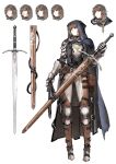  1girl armor belt buckle character_sheet claymore_(sword) cloak commentary expressions gauntlets grey_hair highres holding holding_weapon hood jewelry jun_(seojh1029) long_hair necklace original red_eyes scabbard sheath solo sword weapon 