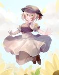  1girl aubz bag brown_hair dress green_eyes hat jewelry jumping looking_at_viewer necklace octopath_traveler one_eye_closed open_mouth short_hair simple_background smile tressa_(octopath_traveler) 