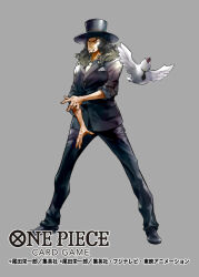  1boy beard bird black_hair black_hat black_necktie black_suit commentary_request copyright_name facial_hair full_body grey_background hat hattori_(one_piece) long_hair looking_at_viewer nansui_kinoko necktie official_art one_piece one_piece_card_game pigeon rob_lucci short_necktie simple_background suit white_necktie 