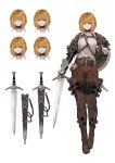  1girl belt blonde_hair boots buckle character_sheet collar commentary expressions highres holding holding_weapon jun_(seojh1029) leather original scabbard sheath solo vambraces weapon yellow_eyes 