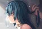  1girl bangs bare_shoulders belt_buckle belt_collar blue_eyes blue_hair brown_collar buckle commentary_request derori eyebrows_visible_through_hair fingernails hair_between_eyes hand_in_hair highres original out_of_frame parted_lips portrait profile solo_focus 