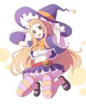  1girl artist_request breasts character_request dress halloween hat long_hair pantyhose pumpkin skirt small_breasts solo third-party_source witch_hat 