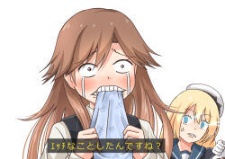  2girls arashio_(kancolle) arashio_kai_ni_(kancolle) biting blonde_hair blue_eyes blue_sailor_collar brown_eyes brown_hair comiching commentary_request crying flaming_eyes hat jervis_(kancolle) kantai_collection multiple_girls sailor_collar sailor_hat streaming_tears subtitled tears thumbs_down translation_request 