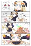  1girl 4koma :i abigail_williams_(fate/grand_order) bamboo bamboo_broom bangs black_bow black_dress black_footwear black_hat blonde_hair bloomers blue_eyes blush_stickers bow broom bug butterfly closed_mouth comic commentary_request crossed_bandaids dress drooling eating eyebrows_visible_through_hair fate/grand_order fate_(series) fire food food_on_face forehead_beam from_above hair_bow hat highres holding holding_broom holding_food insect keyhole leaf long_hair long_sleeves looking_at_viewer neon-tetora one_knee orange_bow parted_bangs polka_dot polka_dot_bow red_eyes romaji saliva sleeves_past_fingers sleeves_past_wrists stuffed_animal stuffed_toy sweet_potato teddy_bear translation_request underwear v-shaped_eyebrows very_long_hair wavy_mouth white_bloomers yakiimo 