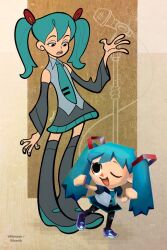  2000s_(style) 2girls adapted_costume alternate_costume animal_crossing animal_crossing_(style) aqua_hair aqua_necktie bare_shoulders black_eyes black_footwear black_pantyhose black_skirt black_sleeves blue_hair blue_nails blue_necktie boots chibi class_of_3000 collared_shirt detached_sleeves dual_persona fewer_digits flat_chest frown grey_shirt hair_ornament half-closed_eyes hand_up hatsune_miku height_difference highres long_hair long_sleeves looking_at_another looking_down looking_up microphone microphone_stand multiple_girls necktie no_fingers one_eye_closed open_mouth pantyhose parody puffy_short_sleeves puffy_sleeves shirt short_sleeves skirt sleeveless sleeveless_shirt smile style_parody teeth thigh_boots toon_(style) triangle_nose twintails upper_teeth_only vibnib vocaloid 