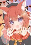  1girl :d animal_ear_fluff animal_ears bangs beret black_hat black_shirt blush braid cat_ears commentary_request etorofu_(kantai_collection) eyebrows_visible_through_hair fang hair_between_eyes halloween hands_up hat head_tilt heart highres kantai_collection long_hair long_sleeves looking_at_viewer neckerchief open_mouth orange_hair orange_neckwear orange_sailor_collar ridy_(ri_sui) sailor_collar school_uniform serafuku shirt side_braid sleeves_past_wrists smile solo string_of_flags thick_eyebrows translated twin_braids upper_body violet_eyes 