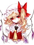  1girl absurdres artist_name ascot bangs black_choker blonde_hair bow choker collarbone commentary cropped_torso cross cross_choker crystal eyebrows_visible_through_hair eyelashes flandre_scarlet frilled_shirt_collar frills hair_between_eyes hat hat_bow head_tilt highres long_hair looking_at_viewer one_side_up puffy_short_sleeves puffy_sleeves red_bow red_eyes red_vest ribbon_trim sheya short_sleeves signature simple_background sketch solo touhou upper_body vest white_background white_hat wings yellow_neckwear 