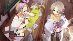  2girls artist_request bangs_pinned_back blonde_hair blush coat commission counter hair_bun heaven_burns_red indoors jewelry leotard long_hair long_sleeves multiple_girls ooshima_yotsuha second-party_source skirt stool stuffed_toy thigh-highs vritika_balakrishnan white_coat 