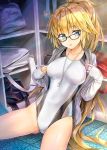  1girl bag bangs blonde_hair blue_eyes commentary competition_swimsuit fate/grand_order fate_(series) glasses hair_tie jacket jacket_on_shoulders jacket_over_swimsuit jeanne_d&#039;arc_(alter)_(fate) jeanne_d&#039;arc_(fate) jeanne_d&#039;arc_(fate)_(all) kotatsu_(kotatsu358) light_particles light_rays locker locker_room looking_at_viewer nail_polish one-piece_swimsuit open_mouth ponytail sitting sitting_on_floor swimsuit whistle white_swimsuit 