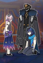  1girl 2boys absurdres aiguillette animal_ears architecture arm_strap arms_at_sides bat_ears black_cape black_coat black_footwear black_gloves black_hood black_leotard black_pants black_shirt blue_cape blue_scarf blue_trim body_markings braid cape capitano_(genshin_impact) citlali_(genshin_impact) closed_mouth coat commentary_request door expressionless family feather_hair_ornament feathers fingerless_gloves fur-trimmed_collar fur_collar fur_trim genshin_impact gloves gold_trim grandmother_and_grandson hair_between_eyes hair_ornament hair_rings height_difference heterochromia highres hip_vent holding holding_stick kneeling korean_commentary legs_together leotard long_hair mask meme mesoamerican_architecture mom_scolding_her_kid_and_husband_(meme) multiple_boys ooyun ororon_(genshin_impact) overskirt pants pink_hair pink_skirt purple_hair purple_skirt sandals scarf shaded_face shadow shirt shoulder_strap sidelocks skirt sleeveless_leotard standing stick tassel 