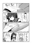  3girls 4koma =_= breast_pocket closed_eyes comic fish gambier_bay_(kantai_collection) greyscale hairband ichimi kantai_collection long_hair monochrome multiple_girls pocket ponytail samuel_b._roberts_(kantai_collection) saury translation_request twintails upper_body yamato_(kantai_collection) 