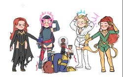  2boys 5girls afro beard blue_leotard boots cape closed_eyes cyclops_(x-men) dark-skinned_female dark_skin emma_frost facial_hair halter_leotard halterneck jean_grey leotard looking_at_another madelyne_pryor marvel multiple_boys multiple_girls padawan_carol pain phoenix_(x-men) psychic psylocke red_sash sash storm_(x-men) waist_sash wolverine_(x-men) x-men 