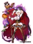  1girl :d black_hat black_skirt breasts brown_footwear cape cleavage coffin flower_knight_girl full_body gloves halloween hat jack-o&#039;-lantern large_breasts leaf legs_apart looking_at_viewer mismatched_legwear nakaishow official_art open_mouth orange_eyes pumpkin scythe shoes short_hair side_ponytail simple_background skirt smile solo standing striped striped_legwear thigh-highs top_hat torn_clothes torn_thighhighs vertical-striped_legwear vertical_stripes warunasubi_(flower_knight_girl) white_background white_gloves white_hair 