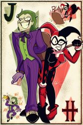  1boy 1girl bodysuit bow bowtie breasts card chibi chibi_inset dc_comics domino_mask formal gloves green_hair green_shirt grin hammer harlequin harley_quinn highres holding holding_card holding_hammer jacket jester jester_costume joker_(dc) looking_at_viewer makeup mask pants pest0sauceart purple_bow purple_bowtie purple_gloves purple_jacket purple_pants shirt short_hair smile sound_effects suit two-tone_bodysuit 