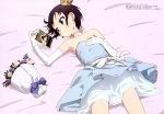  1girl :o absurdres bare_legs bare_shoulders bed_sheet black_hair blue_choker blue_dress blue_eyes blue_sky blush bouquet bow choker collarbone crown day dress dress_bow earrings elbow_gloves flat_chest flower flower_request gloves hand_on_own_chest hand_up highres holding_photo jewelry kurosaki_honoka layered_dress lying magazine_scan megami mini_crown official_art on_bed pink_bed_sheet pink_flower purple_flower purple_rose rose scan shiny shiny_hair short_hair sky smile solo strapless strapless_dress tongue white_bow white_dress white_flower white_gloves white_rose window yama_no_susume yellow_earrings yokota_takumi 