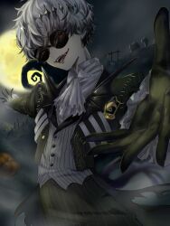  1boy bishounen black_crown crown diamond_hairband foreshortening formal gloves graveyard halloween highres jacket long_sleeves looking_at_viewer male_focus michael74093309 missing_tooth moonlight orange_eyes outstretched_arms pinstripe_jacket pinstripe_pattern pinstripe_suit pinstripe_vest pumpkin round_eyewear short_hair skeleton skeleton_print skully_j._graves smile solo spread_arms stitches striped_clothes striped_jacket striped_vest suit sunglasses the_nightmare_before_christmas twisted_wonderland vertical-striped_clothes vertical-striped_jacket vertical-striped_vest vest white_hair 