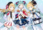 1boy 2girls ;d ahoge ancotaku aqua_eyes aqua_hair arm_behind_back award_ribbon band_uniform bangs beret black_hat blonde_hair blue_bow blue_skirt bow capelet dress drum drumsticks epaulettes fur_trim gloves grin hair_bow hair_ornament hairpin hat hatsune_miku holding holding_instrument instrument kagamine_len kagamine_rin long_hair long_sleeves looking_at_viewer microphone_stand multiple_girls necktie official_art one_eye_closed open_mouth pants pleated_dress pom_pom_(clothes) ponytail red_bow red_capelet red_neckwear round_teeth sash shako_cap short_hair skirt smile teeth thigh-highs trumpet twintails upper_teeth very_long_hair vocaloid watermark white_dress white_gloves white_legwear white_pants 