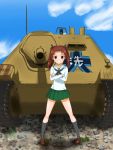  1girl artist_request caterpillar_tracks clouds day emblem girls_und_panzer grin ground_vehicle jagdpanzer_38(t) kadotani_anzu looking_at_viewer military military_vehicle motor_vehicle ooarai_(emblem) ooarai_school_uniform sky smile tank tank_destroyer teeth 