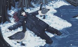  1boy animal bird black_coat black_hair black_pants canada_goose canvas_texture closed_mouth coat cyberseaurchin expressionless forest goose hair_over_one_eye highres hood hood_down lying male_focus nature on_back original outdoors pants red_scarf scarf snow snowing soaking_feet solo stream tree water winter winter_clothes winter_coat 