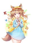  1girl :d animal_ear_fluff animal_ears bag bangs blue_dress blush bow bug butterfly cowboy_shot dress eyebrows_visible_through_hair fang flower hair_between_eyes hat hat_bow head_tilt highres insect kindergarten_bag kindergarten_uniform light_brown_hair long_hair long_sleeves looking_at_viewer miyo_(user_zdsp7735) neck_ribbon open_mouth original puffy_long_sleeves puffy_sleeves red_bow red_ribbon ribbon school_hat short_eyebrows shoulder_bag smile solo tail thick_eyebrows white_background yellow_flower yellow_hat 