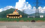  2girls artist_request brown_eyes brown_hair caterpillar_tracks clouds day eating food girls_und_panzer grass ground_vehicle military military_vehicle motor_vehicle mountain multiple_girls nishizumi_maho nishizumi_miho pants panzerkampfwagen_ii popsicle river shirt shoes short_hair sky smile tank tank_top water younger 