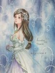  1girl black_hair breasts cleavage commentary_request dress final_fantasy final_fantasy_ix garnet_til_alexandros_xvii graphite_(medium) jewelry long_hair low-tied_long_hair morito_leaf9 necklace solo tiara traditional_media watercolor_(medium) wedding_dress 
