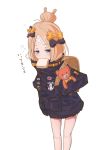  1girl abigail_williams_(fate/grand_order) backpack bag bangs black_bow black_jacket blonde_hair blue_eyes blush bow commentary_request crossed_bandaids eyebrows_visible_through_hair fate/grand_order fate_(series) food food_in_mouth hair_bow hair_bun heroic_spirit_traveling_outfit highres jacket leaning_forward long_hair long_sleeves looking_at_viewer mouth_hold object_hug orange_bow parted_bangs polka_dot polka_dot_bow randoseru sakazakinchan simple_background sleepy sleeves_past_fingers sleeves_past_wrists solo standing stuffed_animal stuffed_toy teddy_bear toast toast_in_mouth white_background 