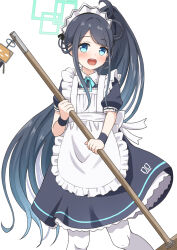  1girl apron aqua_ribbon aris_(blue_archive) aris_(maid)_(blue_archive) black_dress black_hair blue_archive blue_eyes blue_hair broom comiching commentary_request dress gradient_hair highres holding holding_broom long_hair maid_apron maid_headdress medium_dress multicolored_hair neck_ribbon open_mouth pantyhose ponytail ribbon round_teeth smile solo teeth very_long_hair white_pantyhose wristband 