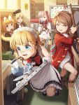 5girls absurdres ahoge black_bow blonde_hair blue_eyes blush book bookshelf bow braid brown_eyes brown_hair choker computer cup day desk doughnut eating eyebrows_visible_through_hair eyewear_on_head food g36_(girls_frontline) girls_frontline glasses goback green_hat grey_eyes grizzly_mkv_(girls_frontline) gun hair_bow hat hat_removed headwear_removed highres holding holding_gun holding_tray holding_weapon holy_hand_grenade indoors laptop lee-enfield_(girls_frontline) long_sleeves looking_at_another looking_away maid maid_headdress monty_python monty_python_and_the_holy_grail mp40_(girls_frontline) multiple_girls necktie negev_(girls_frontline) open_mouth parted_lips pastry_box pink_hair plate red_bow red_eyes red_neckwear short_hair sitting standing star star_choker swivel_chair table teacup teapot tray twin_braids weapon whiteboard window 
