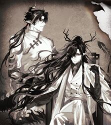  2boys absurdres arknights brown_theme buttons chinese_clothes chinese_commentary chong_yue_(arknights) chui_(smccc1102813) closed_mouth coat coat_on_shoulders commentary_request crossed_legs double-breasted hair_intakes hair_over_one_eye highres horns jacket long_hair looking_ahead looking_at_viewer male_focus monochrome multiple_boys one_eye_covered pants pointy_ears profile shirt sitting standing wang_(arknights) 