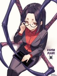  1girl arthropod_girl arthropod_limbs artist_name black_hair breasts bug business_suit character_name commentary english_commentary extra_arms extra_eyes formal from_above glasses highres hololive hololive_english kumomane looking_at_viewer medium_breasts monster_girl pencil_skirt red_eyes simple_background sitting skirt skirt_suit solid_eyes solo spider spider_girl suit sunset_skyline tablet_pc white_background 