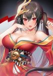  1girl ahoge azur_lane bangs bare_shoulders black_hair blush breasts cleavage collarbone eyebrows_visible_through_hair finger_to_mouth hair_between_eyes hair_ribbon highres japanese_clothes kimono large_breasts long_hair looking_at_viewer mask mask_on_head obi off_shoulder open_mouth red_eyes red_kimono red_ribbon ribbon rigging sash shirako_sei smile solo striped striped_ribbon taihou_(azur_lane) tassel twintails very_long_hair wide_sleeves 