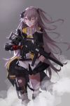  1girl bangs black_gloves black_legwear collared_shirt damaged deep_wound eyebrows_visible_through_hair floating_hair girls_frontline gloves grey_hair gun h&amp;k_ump h&amp;k_ump45 hair_between_eyes hair_ornament headgear heckler_&amp;_koch highres holding holding_gun holding_weapon hood hood_down hooded_jacket injury jacket long_hair looking_at_viewer mechanical_arm mod3_(girls_frontline) one-eyed one_side_up open_clothes open_jacket pantyhose parted_lips qb_516 scar scar_across_eye shirt sidelocks skirt solo submachine_gun thigh_strap torn_clothes torn_pantyhose ump45_(girls_frontline) untucked_shirt weapon white_shirt yellow_eyes 