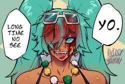  1girl artistsushi bead_necklace beads black_tank_top blood blood_in_hair blood_on_face blue_eyes blue_hair brazilian_miku brazilian_twitter_ban commentary earrings english_commentary english_text eyewear_on_head hair_over_one_eye hatsune_miku hoop_earrings jewelry jujutsu_kaisen necklace piercing signature solo speech_bubble tank_top tongue_piercing twintails vocaloid 