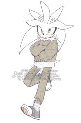  1boy alternate_costume animal_ears animal_nose artist_name black_footwear blush body_fur closed_mouth crossed_arms full_body furry furry_male grey_pants grey_sweater hedgehog_boy leg_up long_sleeves looking_at_viewer male_focus pants puffy_long_sleeves puffy_sleeves shirt shoes short_tail silver_the_hedgehog simple_background sneakers socks solo sonic_(series) standing standing_on_one_leg sucho sweater tail watermark white_background white_fur white_shirt white_socks yellow_eyes 
