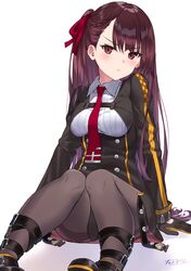  1girl absurdres arm_support bangs black_gloves black_legwear blush breasts girls_frontline gloves hair_ribbon head_tilt highres long_hair looking_at_viewer medium_breasts necktie one_side_up pantyhose purple_hair red_eyes ribbon shadow shirt signature simple_background sitting solo striped striped_shirt takubon_(xewh4773) thighband_pantyhose wa2000_(girls_frontline) 